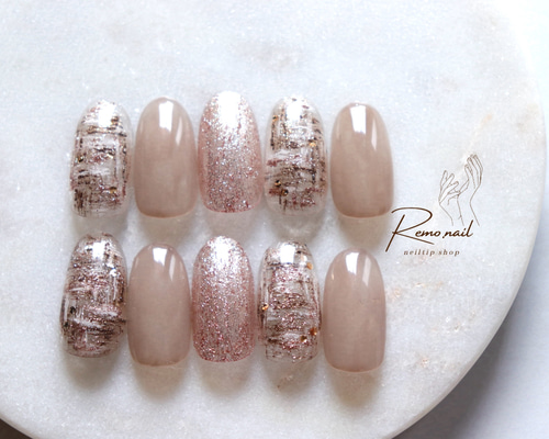 オーダーネイルチップ　ツイードニュアンスブラウンワンホンハート推しno.62 47e30900b49f9540573e90e72e3e84