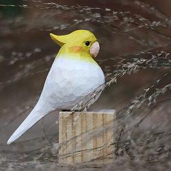 玄凤鹦鹉の木彫り小鳥、鳳頭の手作り実木の飾り、新年に縁起担ぎの小ぽっちゃりな鳥 18枚目の画像