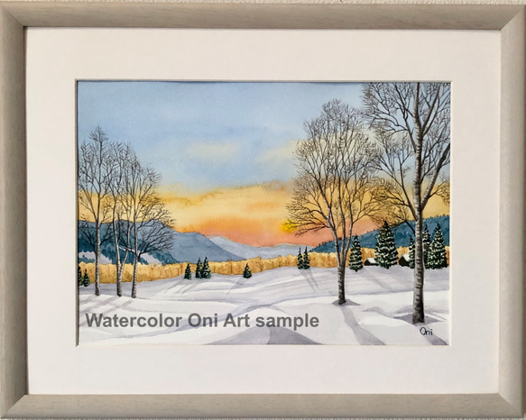 「雪原の朝焼け02」透明水彩画　原画　風景画　額縁付　F4サイズ 1枚目の画像