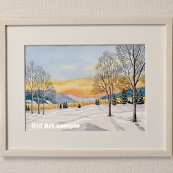 透明水彩画　原画　「雪原の朝焼け」額縁付　F6サイズ　風景画 透明水彩画 原画 「雪原の朝焼け」額縁付 F6サイズ 風景画