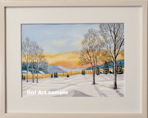 雪原の朝焼け03」透明水彩画 原画 風景画 額縁付 F4サイズ 絵画 Oni