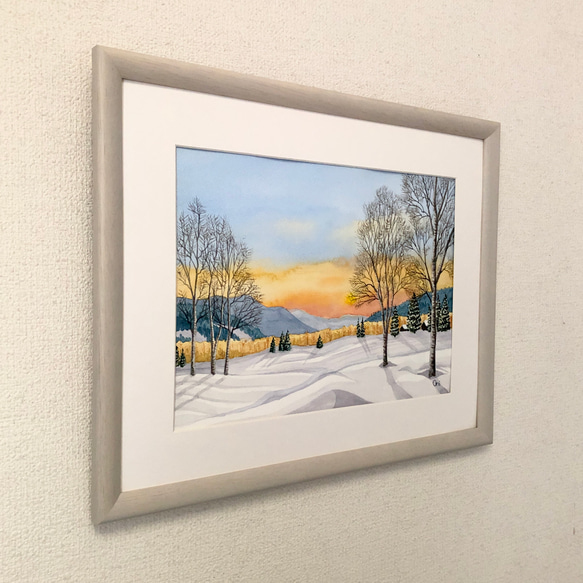 「雪原の朝焼け02」透明水彩画　原画　風景画　額縁付　F4サイズ 3枚目の画像