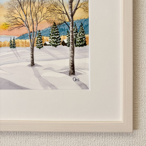 雪原の朝焼け03」透明水彩画 原画 風景画 額縁付 F4サイズ 絵画 Oni