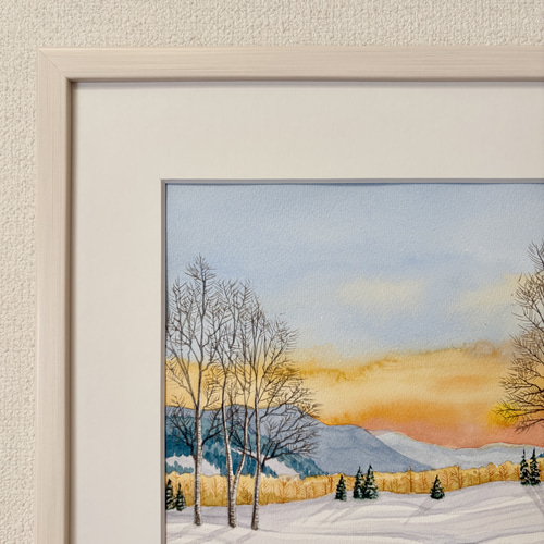 雪原の朝焼け03」透明水彩画 原画 風景画 額縁付 F4サイズ 絵画 Oni