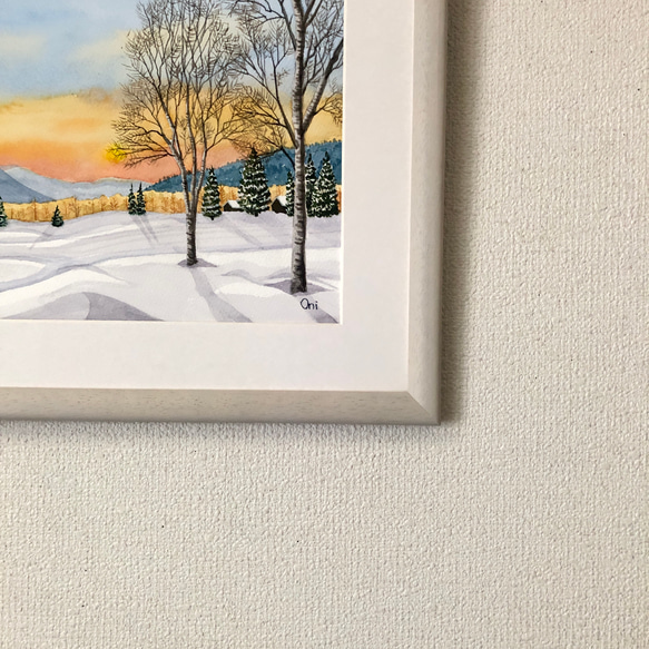 「雪原の朝焼け02」透明水彩画　原画　風景画　額縁付　F4サイズ 5枚目の画像