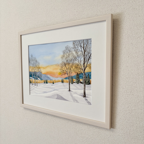 雪原の朝焼け03」透明水彩画 原画 風景画 額縁付 F4サイズ 絵画 Oni