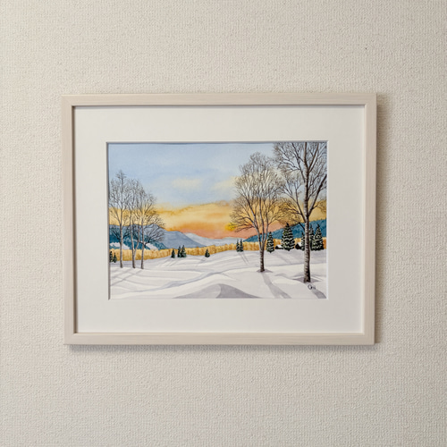 雪原の朝焼け03」透明水彩画 原画 風景画 額縁付 F4サイズ 絵画 Oni