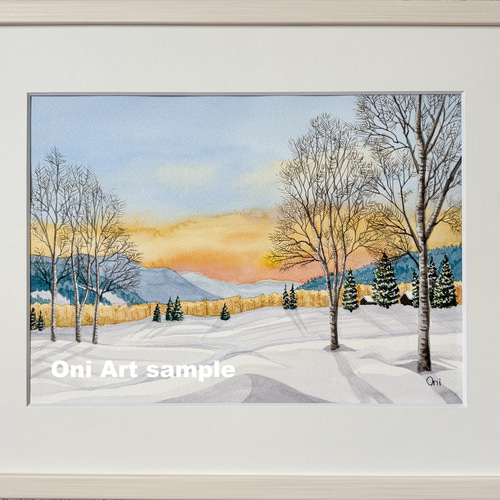 雪原の朝焼け03」透明水彩画 原画 風景画 額縁付 F4サイズ 絵画 Oni