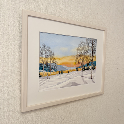 雪原の朝焼け03」透明水彩画 原画 風景画 額縁付 F4サイズ 絵画 Oni