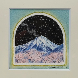 「桜と星と常念岳」　　水彩画　アート　安曇野　北アルプス　風景画　星座　銀河　 2枚目の画像