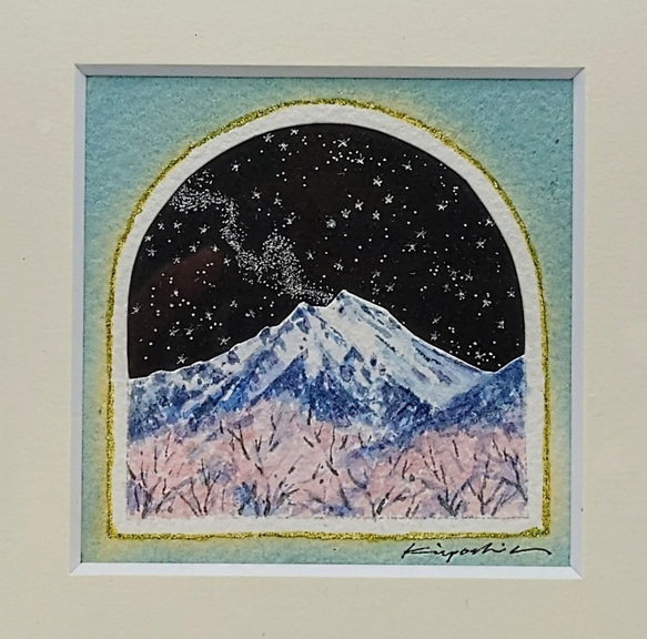 「桜と星と常念岳」　　水彩画　アート　安曇野　北アルプス　風景画　星座　銀河　 2枚目の画像