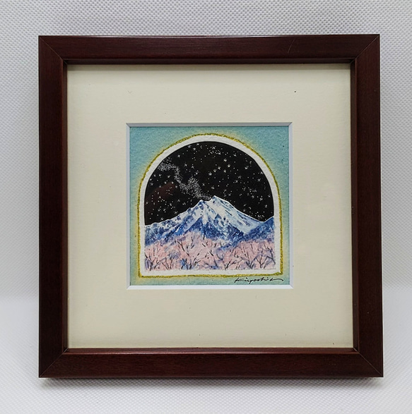 「桜と星と常念岳」　　水彩画　アート　安曇野　北アルプス　風景画　星座　銀河　 1枚目の画像