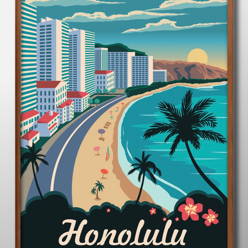 8790□アートポスター 絵画 A3サイズ『ハワイ ホノルル 南国 海