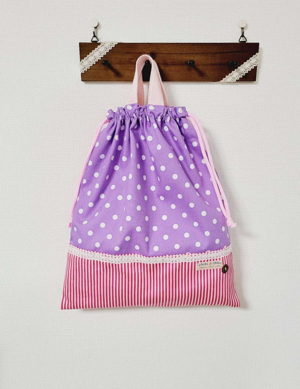 レッスンバックno.106 ハンドメイドグレー×ストライプ大きめサイズ