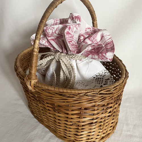 drawstring bag】 フランスアンティークファブリックの巾着袋 巾着袋