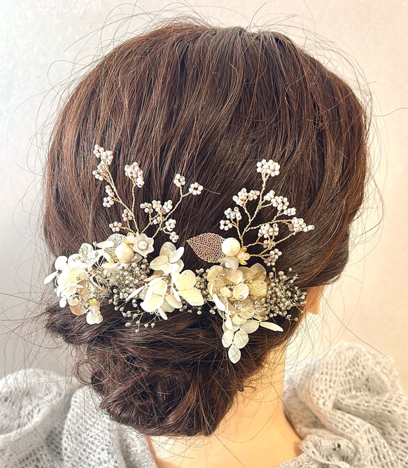 シンプル　ドライフラワー　かすみ草　紫陽花　プラチナ　オフホワイト　髪飾り　お呼ばれ　卒業式　成人式　振袖　飾りの足し 12枚目の画像