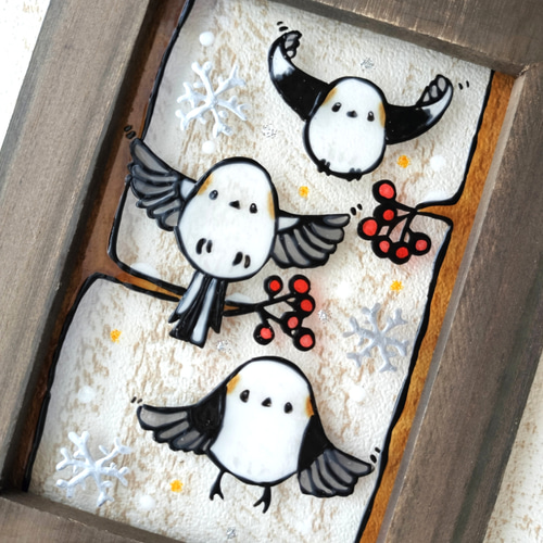 送料無料*ステンドグラス風フレーム*飛ぶシマエナガ・北海道・冬の鳥