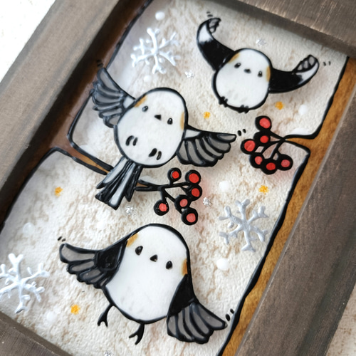 送料無料*ステンドグラス風フレーム*飛ぶシマエナガ・北海道・冬の鳥