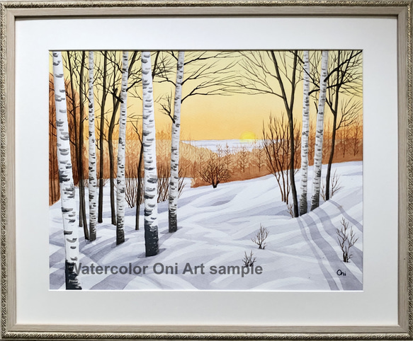 「雪原の朝焼け」透明水彩画　原画　風景画　額縁付　F6サイズ 1枚目の画像