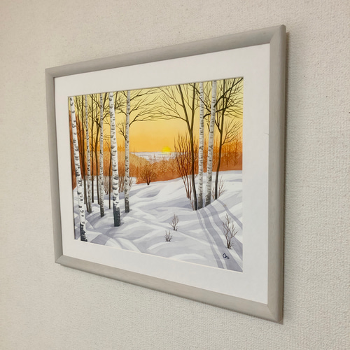 透明水彩画 原画 「雪原の朝焼け02」額縁付 SMサイズ 風景画