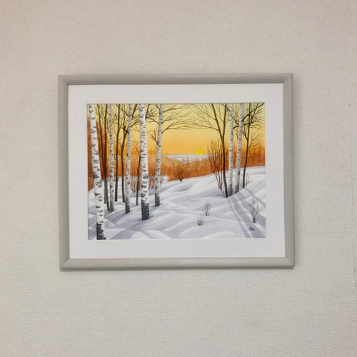 雪原の朝焼け」透明水彩画 原画 風景画 額縁付 F6サイズ 絵画