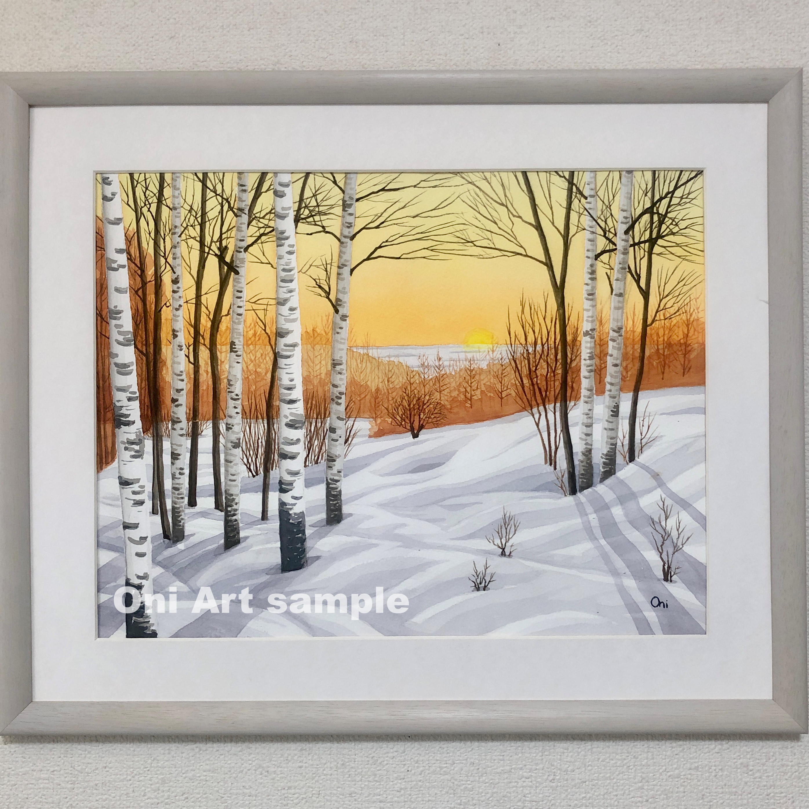 行列のできるレビュー商品、集めました。高評価アイテム 透明水彩画　原画　「雪原の朝焼け」額縁付　F6サイズ　風景画 絵画