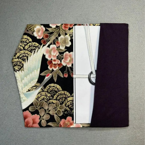 慶弔両用袱紗◇ゴールドの青海波と鶴エンジ色 ご祝儀袋・袱紗