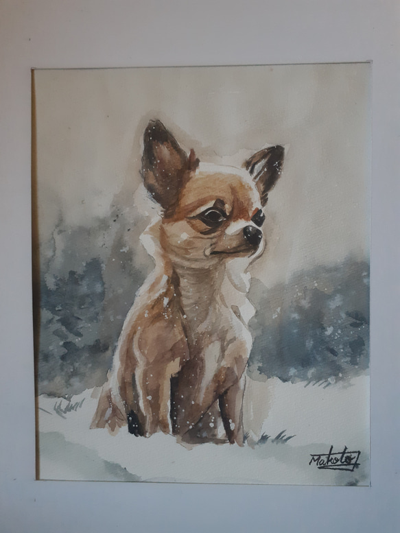 いいスタイル 水彩画 17071902｜Creema 通販 makochin 絵画 雪上のチワワ 絵画
