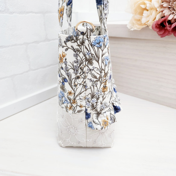 【Sale20％OFF】ボタニカルフラワーとマーガレット刺繍のフリルトートバッグ୨୧ハンドバッグ　ショルダーバッグ　花柄 4枚目の画像