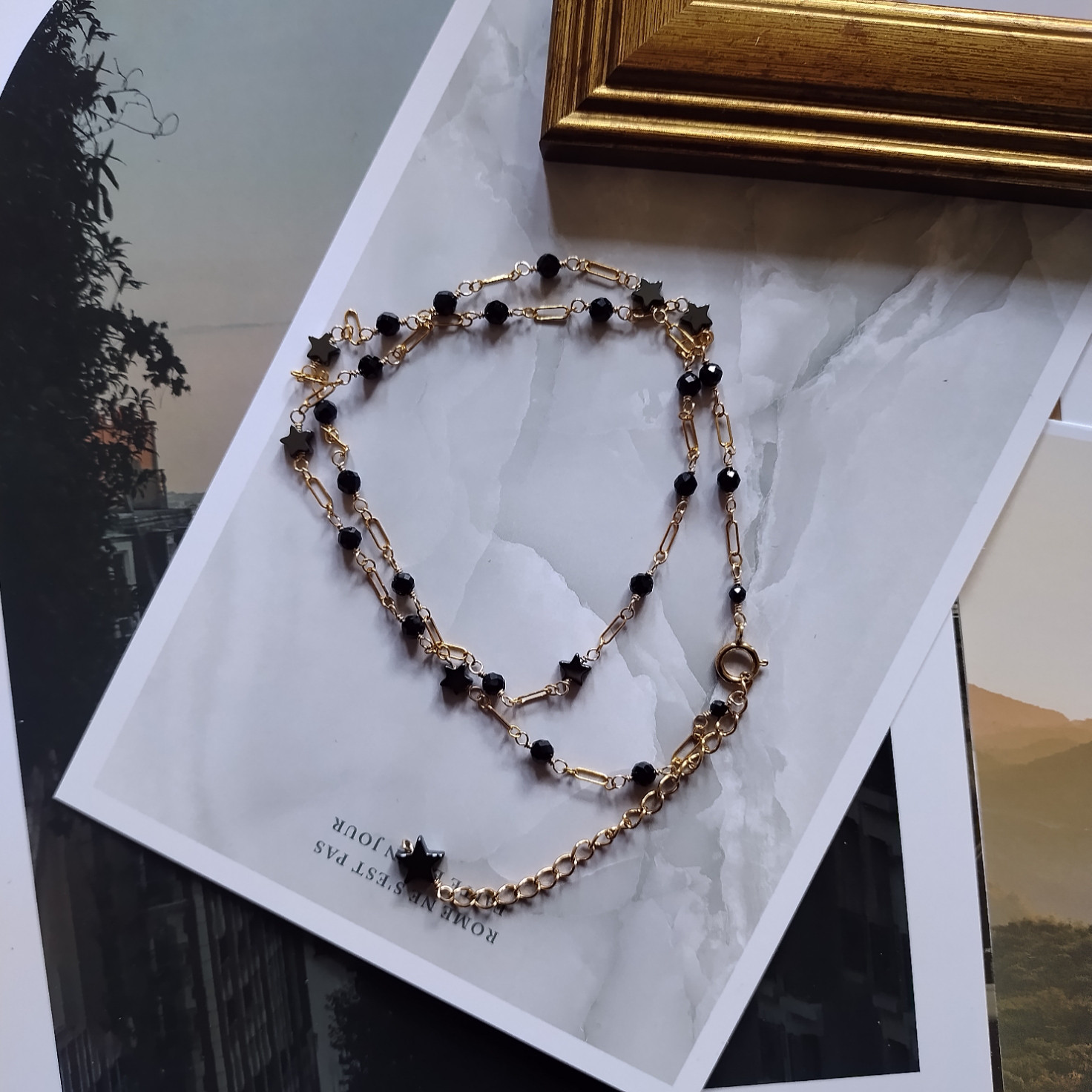 K14gfブラックスピネルとヘマタイトの2wayお星さまネックレス