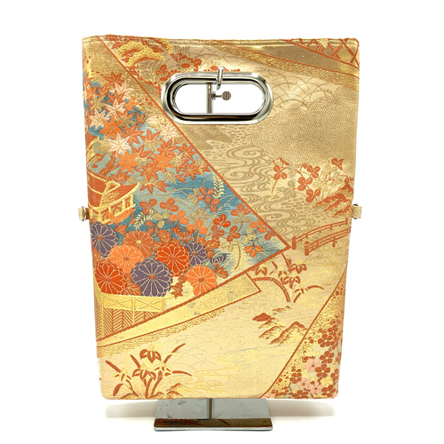 クラッチバッグ くり抜きハンドル(シルバー ）正絹 唐織御所車花文 本