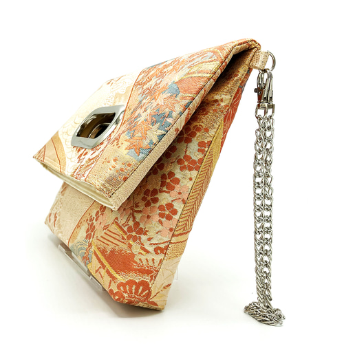 クラッチバッグ くり抜きハンドル(シルバー ）正絹 唐織御所車花文 本