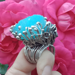 藍霰石原礦手工銀戒純銀戒指~「Sky」~ Blue Aragonite Silver Ring 第12張的照片