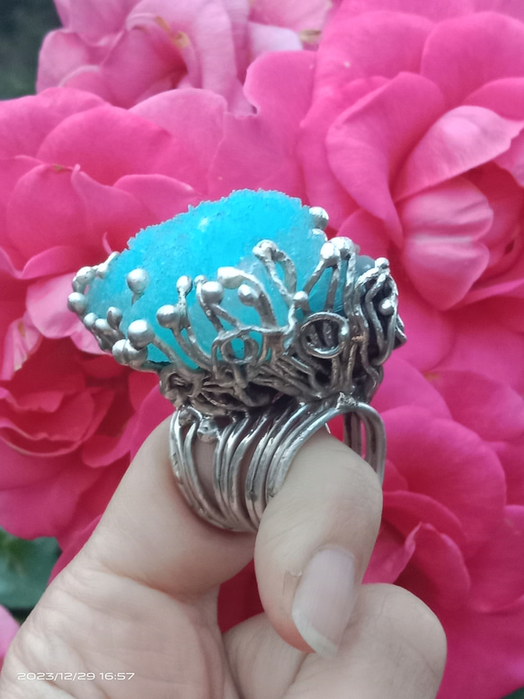 藍霰石原礦手工銀戒純銀戒指~「Sky」~ Blue Aragonite Silver Ring 第12張的照片