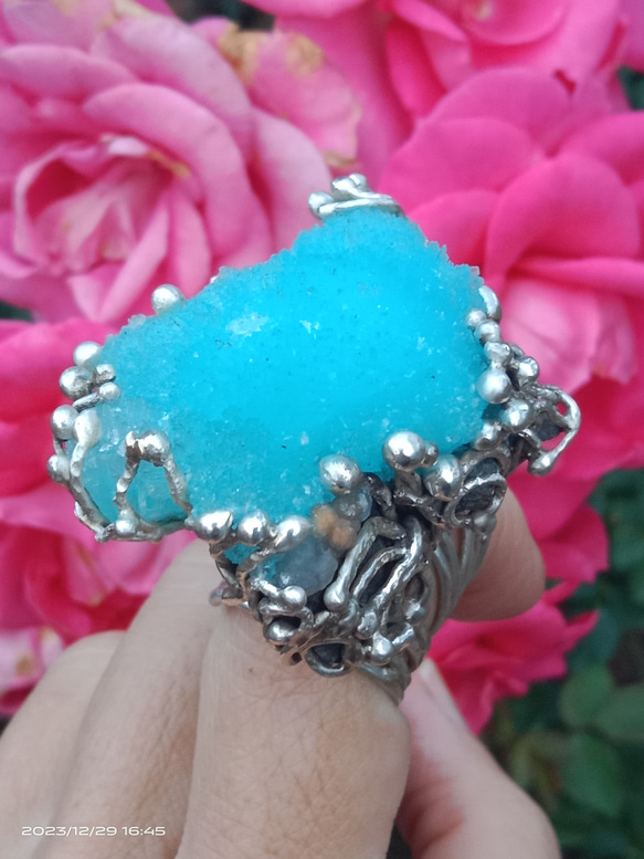 藍霰石原礦手工銀戒純銀戒指~「Sky」~ Blue Aragonite Silver Ring 第11張的照片