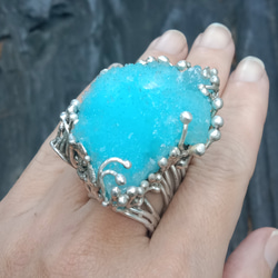 藍霰石原礦手工銀戒純銀戒指~「Sky」~ Blue Aragonite Silver Ring 第16張的照片