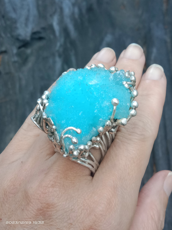 藍霰石原礦手工銀戒純銀戒指~「Sky」~ Blue Aragonite Silver Ring 第16張的照片