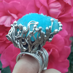 藍霰石原礦手工銀戒純銀戒指~「Sky」~ Blue Aragonite Silver Ring 第7張的照片