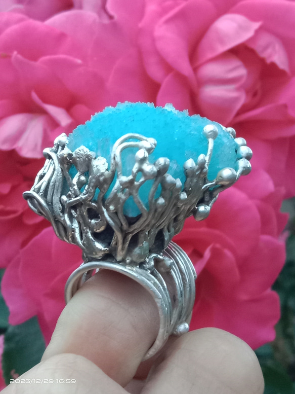 藍霰石原礦手工銀戒純銀戒指~「Sky」~ Blue Aragonite Silver Ring 第7張的照片