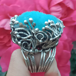 藍霰石原礦手工銀戒純銀戒指~「Sky」~ Blue Aragonite Silver Ring 第8張的照片