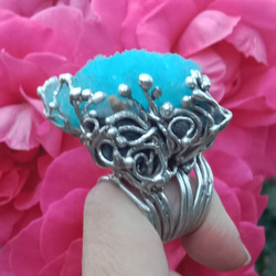 藍霰石原礦手工銀戒純銀戒指~「Sky」~ Blue Aragonite Silver Ring 第6張的照片