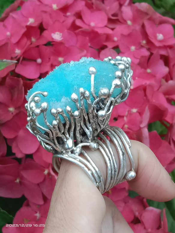 藍霰石原礦手工銀戒純銀戒指~「Sky」~ Blue Aragonite Silver Ring 第14張的照片