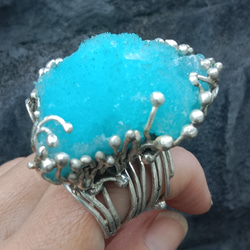 藍霰石原礦手工銀戒純銀戒指~「Sky」~ Blue Aragonite Silver Ring 第18張的照片