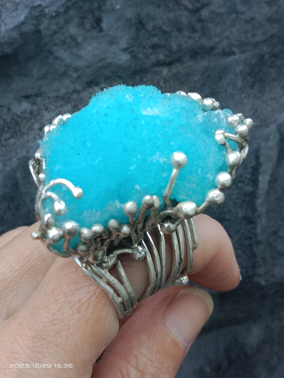 藍霰石原礦手工銀戒純銀戒指~「Sky」~ Blue Aragonite Silver Ring 第18張的照片