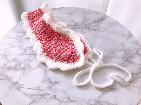 手編みの耳あて♫イヤーマフ ピンクフリル 2枚目の画像