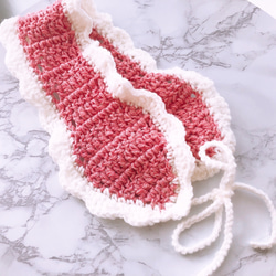 手編みの耳あて♫イヤーマフ ピンクフリル 1枚目の画像