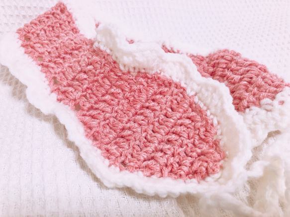 手編みの耳あて♫イヤーマフ ピンクフリル 4枚目の画像
