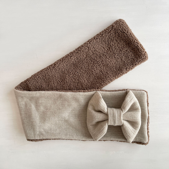 Soft♪ 緞帶圍巾 | 柔軟拉絨羊毛和羊絨（沙灰色）x 毛皮（灰棕色） 第4張的照片