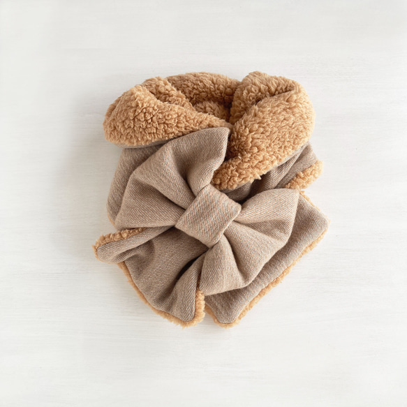 Soft♪ 緞帶圍巾 | 柔軟拉絨羊毛和羊絨（米色）x 毛皮（駝色） 第1張的照片