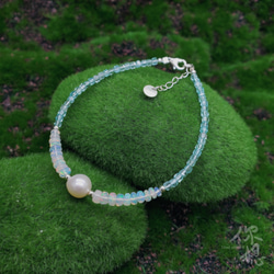 《微光系列》波光粼粼 天然淡水珍珠蛋白石925純銀手鍊 第2張的照片